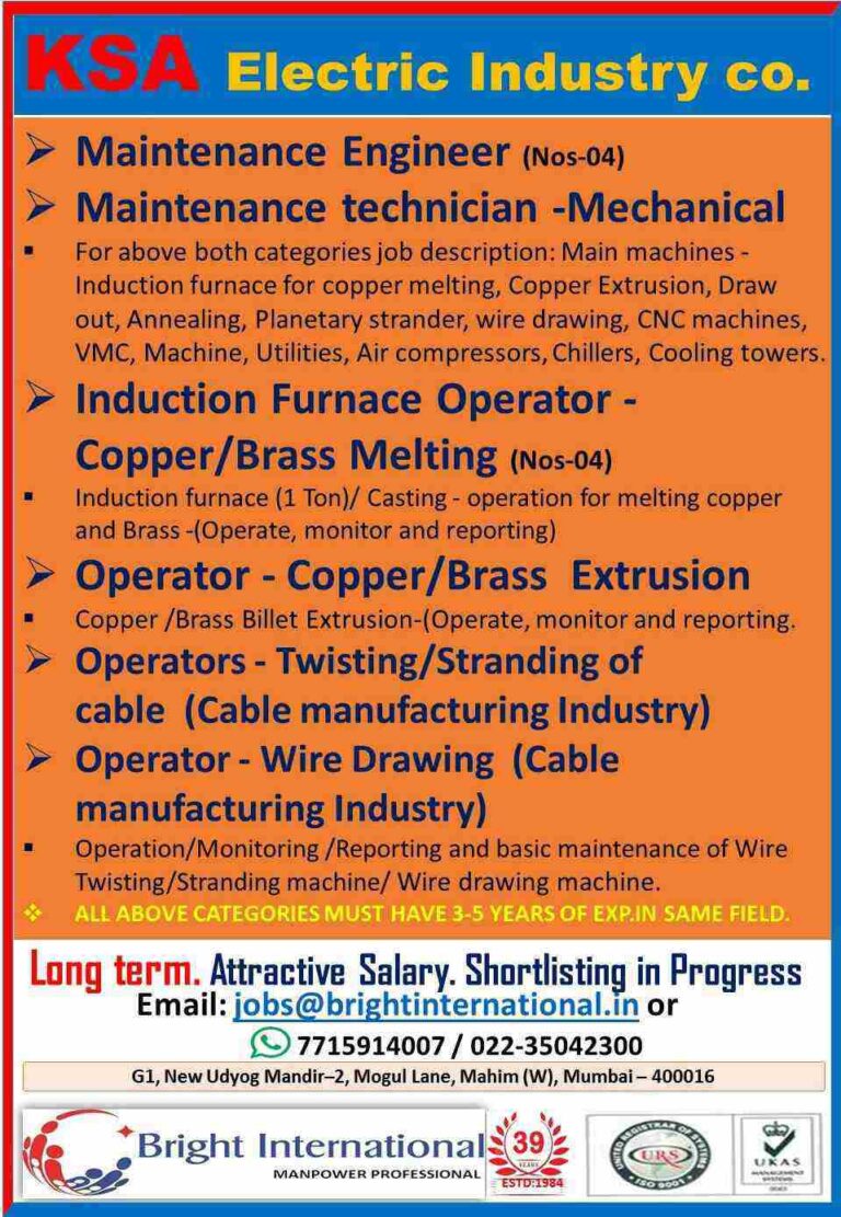 Job Opportunities In KSA For Electric Industry Company Jobs