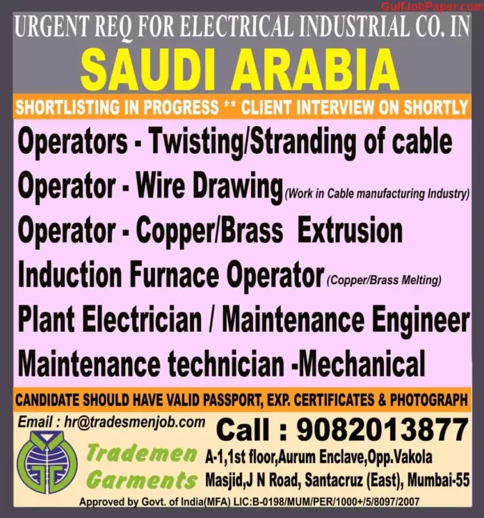 Job Openings Advertisement: Positions available in Electrical Industrial Company in Saudi Arabia. Contact information provided