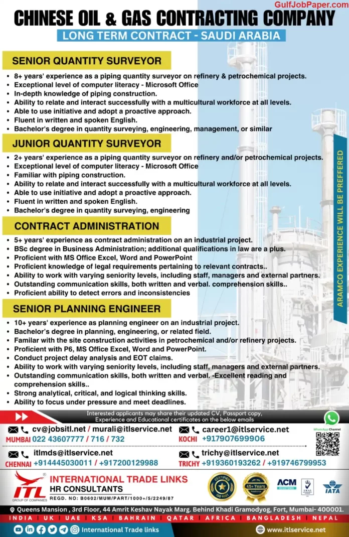 Job Openings Advertisement: Various positions available with a Chinese Oil & Gas Contracting Company in Saudi Arabia. Contact information provided