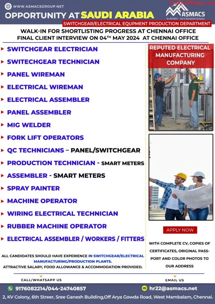 Job Openings Advertisement: Various positions available with ASMACS in the Switchgear/Electrical Equipment Production Department in Saudi Arabia. Contact information provided