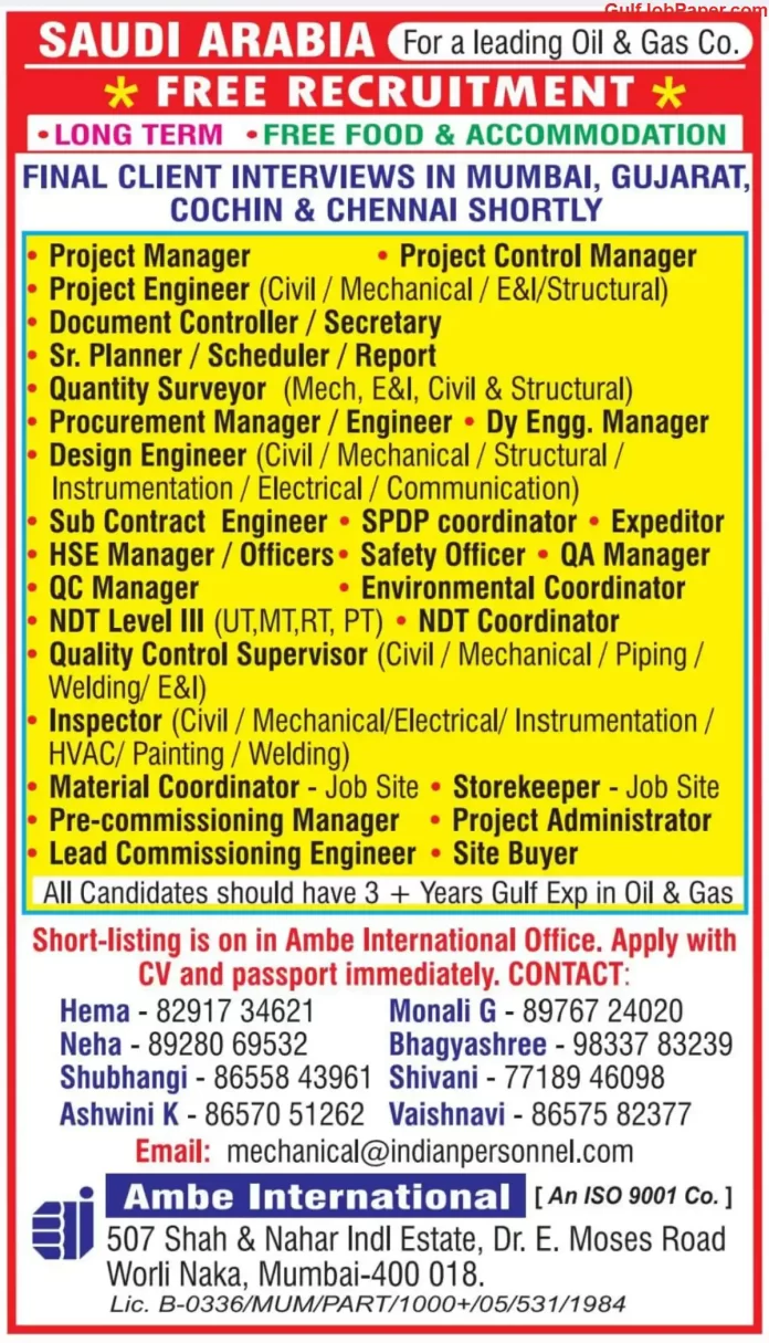 Job Openings Advertisement: Various positions available with Ambe International for a leading oil & gas company in Saudi Arabia. Contact information provided