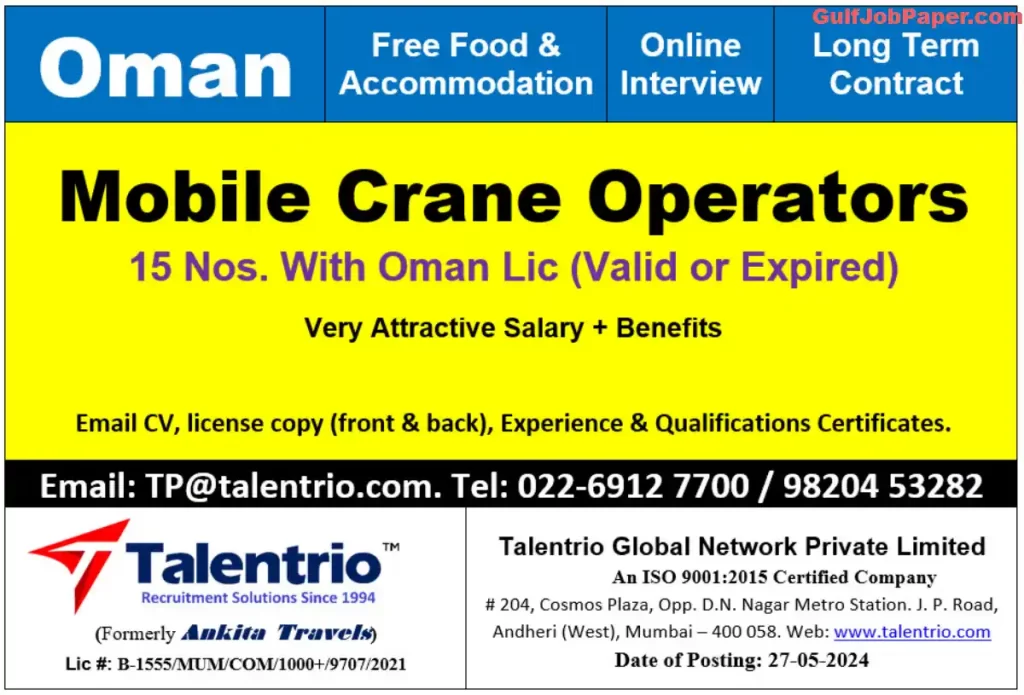 Urgent Hiring Mobile Crane Operators for LongTerm Contract in Oman Abroad
