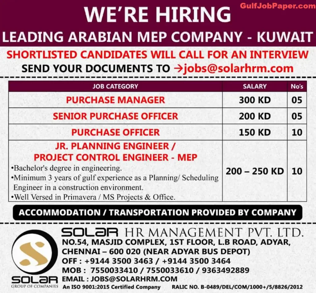 Hiring For Leading Arabian Mep Company In Kuwait Gulfjobpaper