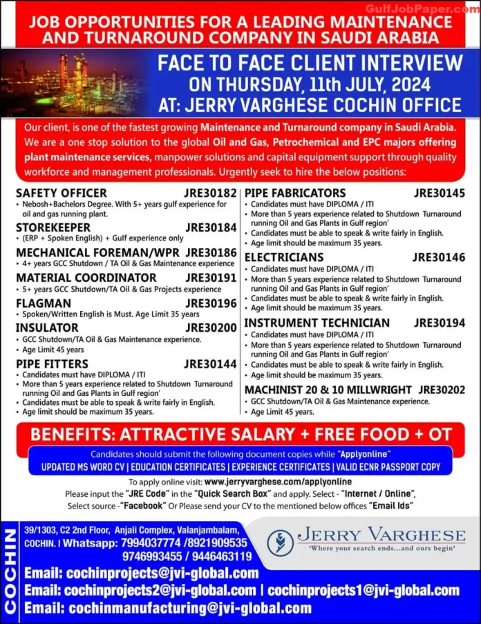 Job opportunities for various positions in a leading maintenance and turnaround company in Saudi Arabia with face-to-face client interviews on 11th July 2024 at Jerry Varghese Cochin