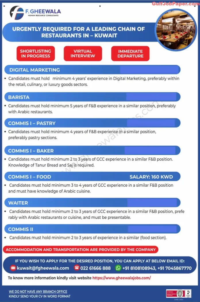 Recruitment advertisement for various job openings in a leading chain of restaurants in Kuwait by F. Gheewala Human Resource Consultants.