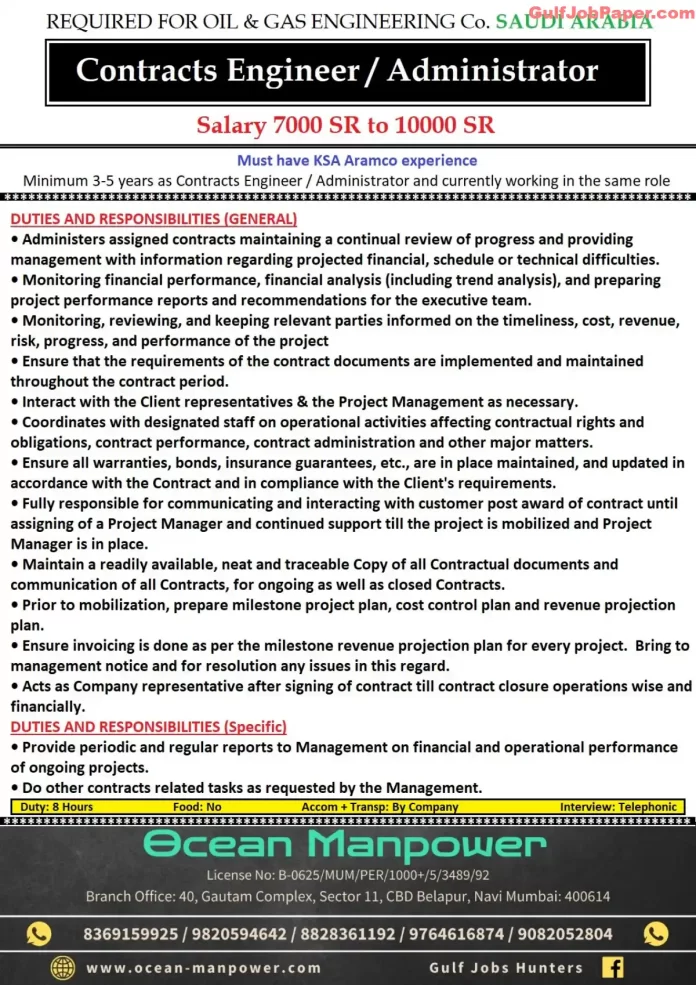 Job posting for Contracts Engineer / Administrator in Saudi Arabia by Ocean Manpower.
