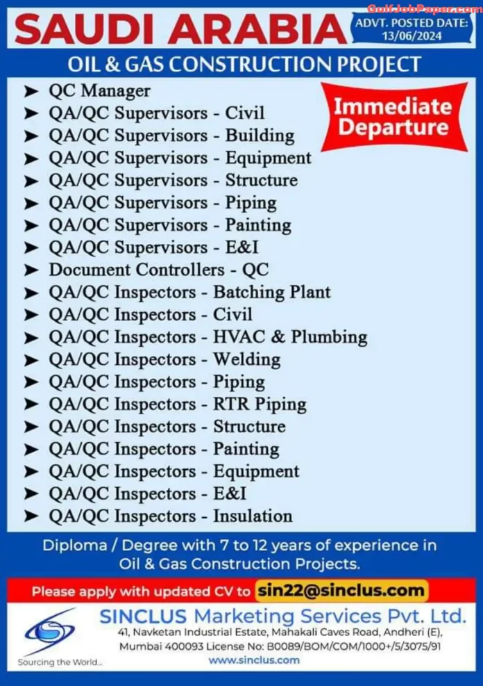 Job openings for QC Manager, QA/QC Supervisors, Document Controllers, and QA/QC Inspectors in Oil & Gas Construction Project in Saudi Arabia