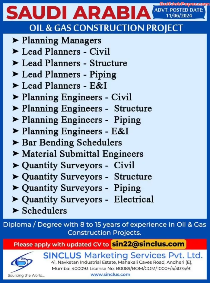 Job Vacancies for Oil & Gas Construction Project in Saudi Arabia