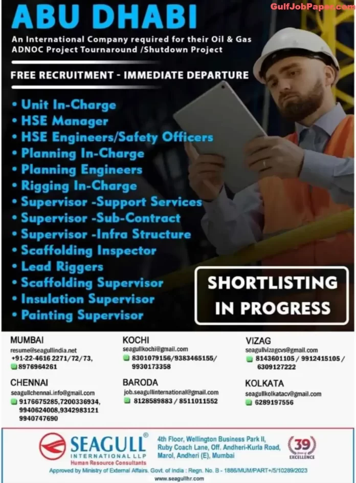 Job Openings for Oil & Gas ADNOC Project Turnaround/Shutdown in Abu Dhabi