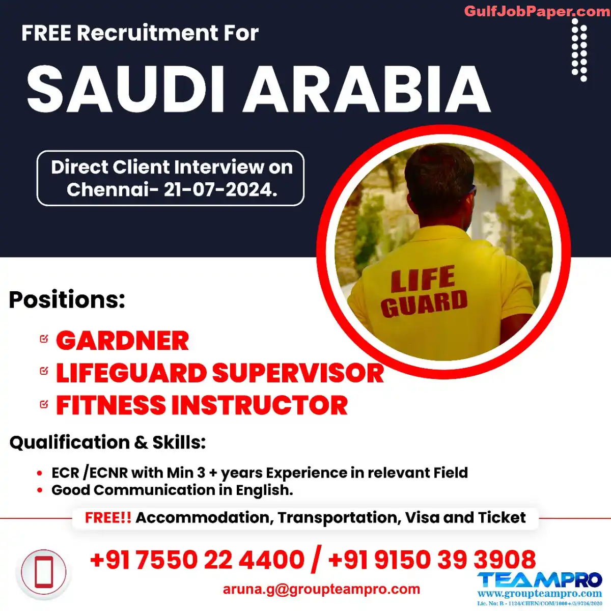 Free Recruitment for Saudi Arabia | Multiple Positions - Direct Client Interviews in Chennai and Siliguri | Interview 21 July 12 Free Recruitment for Saudi Arabia - Direct Client Interview in Chennai - 21-07-2024 - Gardener, Lifeguard Supervisor, Fitness Instructor