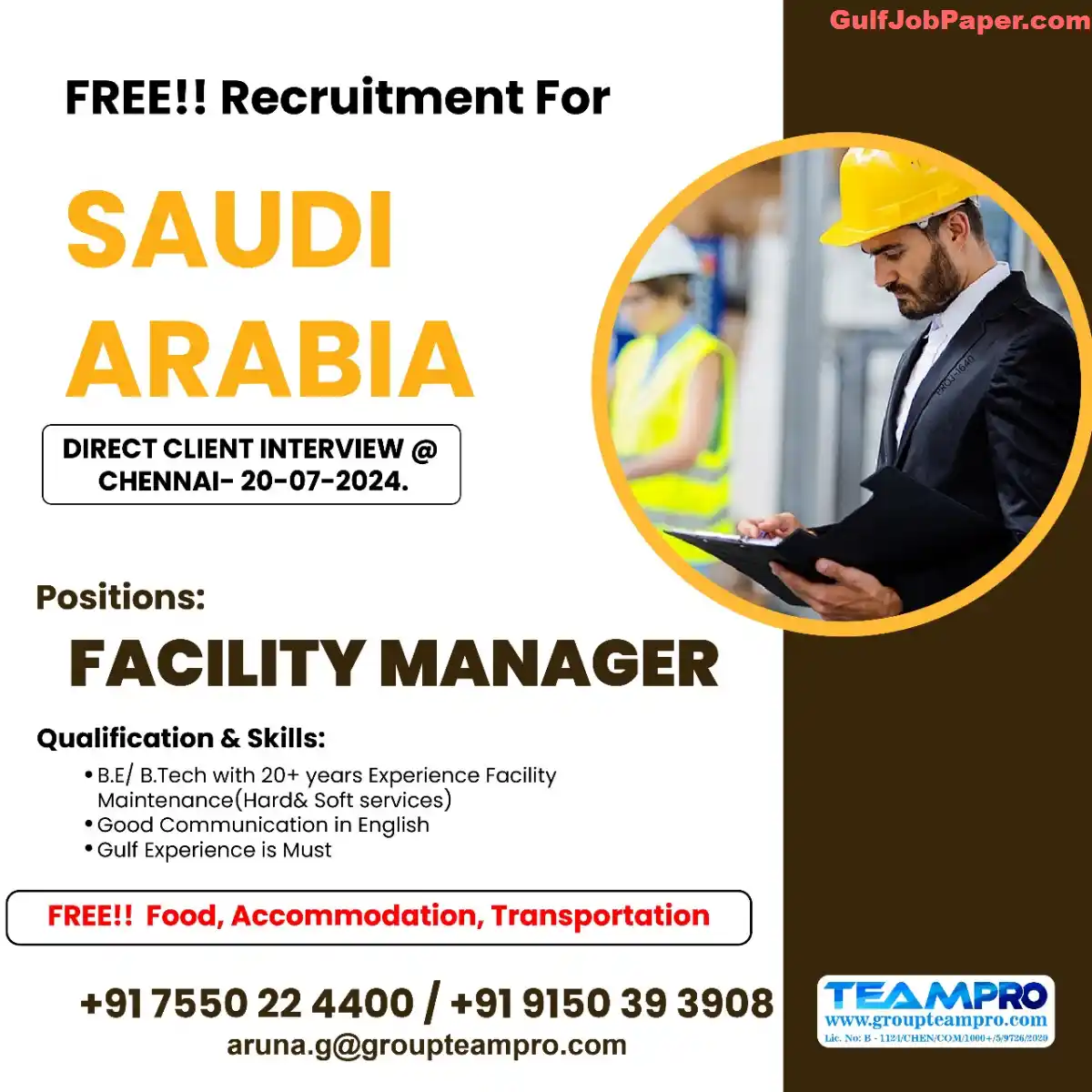 Free Recruitment for Saudi Arabia | Multiple Positions - Direct Client Interviews in Chennai and Siliguri | Interview 21 July 10 Free Recruitment for Saudi Arabia - Direct Client Interview in Chennai - 20-07-2024 - Facility Manager