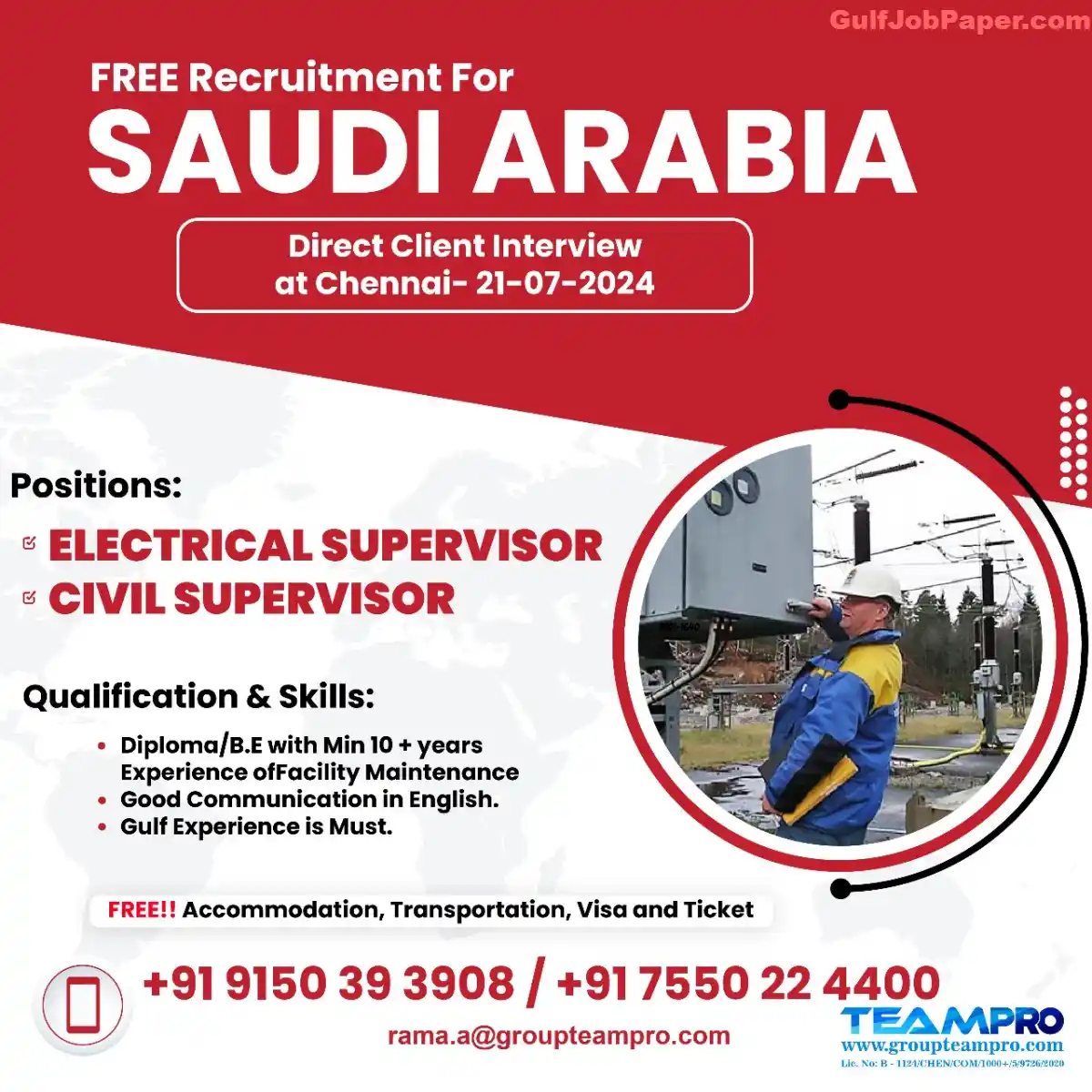 Free Recruitment for Saudi Arabia | Multiple Positions - Direct Client Interviews in Chennai and Siliguri | Interview 21 July 9 Free Recruitment for Saudi Arabia - Direct Client Interview in Chennai - 21-07-2024 - Electrical Supervisor, Civil Supervisor