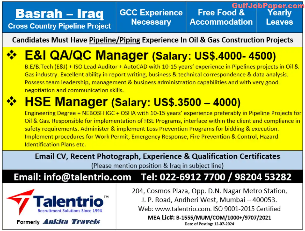 Urgently Required: E&I QA/QC Manager and HSE Manager for Basrah, Iraq - Talentrio Recruitment Solutions | 4500 $ Salary 2 Job advertisement for E&I QA/QC Manager and HSE Manager in Basrah, Iraq by Talentrio Recruitment Solutions.