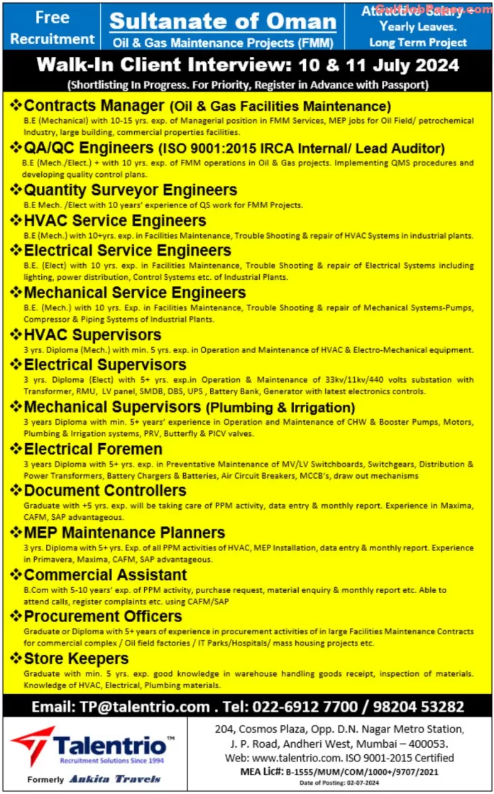Job advertisement for various positions in oil and gas maintenance projects in Oman, offered by Talentrio Recruitment Solutions.