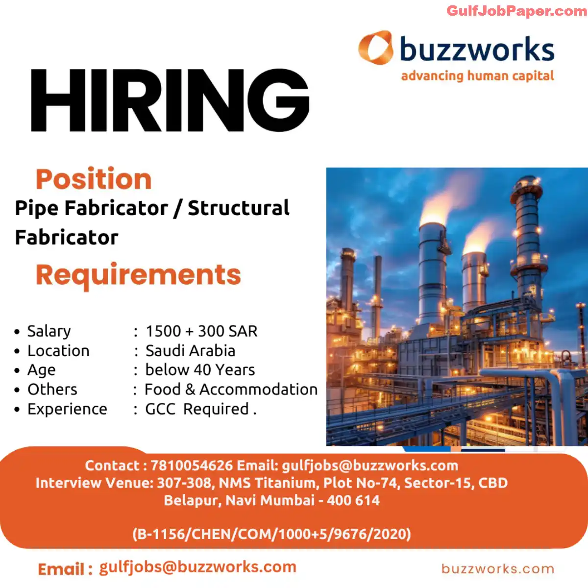 Urgently Required Pipe Fabricator / Structural Fabricator in Saudi Arabia | GCC Experience Needed | Buzzworks | Salary 1800 SAR 2 Job Post for Pipe Fabricator/Structural Fabricator in Saudi Arabia by Buzzworks