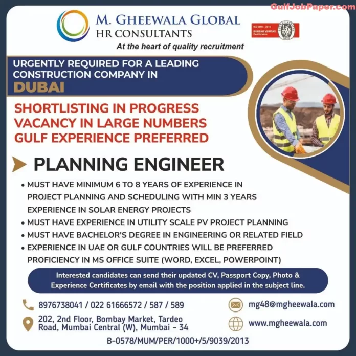 Dubai Planning Engineer Job Openings - Apply Now with Gulf Experience Preferred