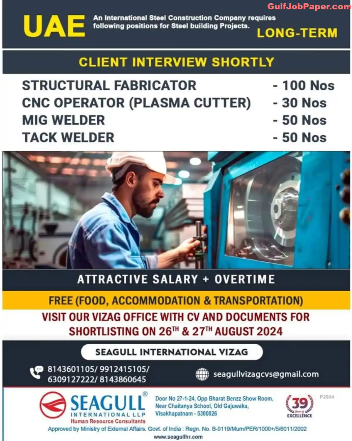 Urgent Hiring for for Steel Construction Project Jobs in UAE – Shortlisting on 26th & 27th August 2024 2 Steel Construction Project Jobs | Job openings for a long-term steel construction project in UAE with positions for Structural Fabricators, CNC Operators, MIG Welders, and Tack Welders.