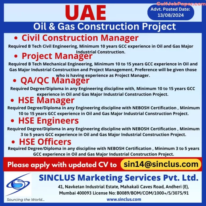 UAE Oil & Gas Construction Project Job Openings - Apply Now for Managerial and Engineering Positions