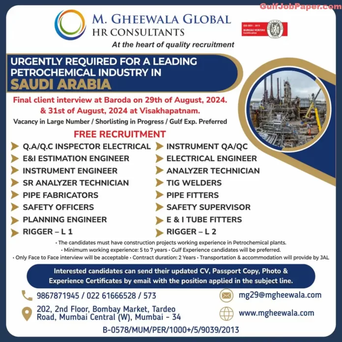 Petrochemical Industry Jobs | Job openings in Saudi Arabia’s petrochemical industry with final client interviews in Baroda and Visakhapatnam. Free recruitment with 2-year contracts.
