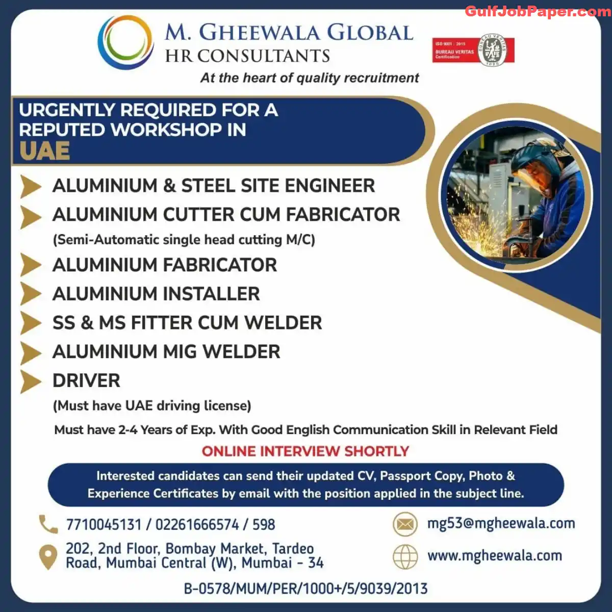 UAE Workshop Jobs | Urgently Hiring for a Reputed Workshop in UAE - Aluminium & Steel Site Engineers, Fabricators, and More 2 UAE Workshop Jobs | Job opportunities in UAE for Aluminium & Steel Site Engineers, Fabricators, MIG Welders, and Drivers. Online interview shortly.