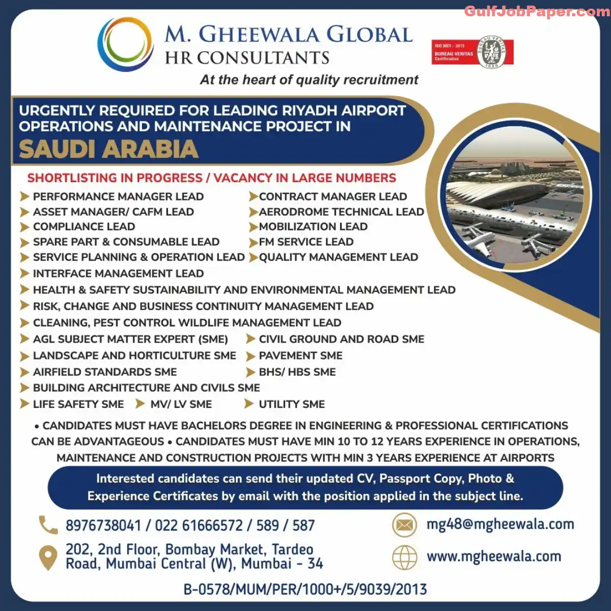 Urgent Hiring for Riyadh Airport Operations and Maintenance Jobs in Saudi Arabia – Apply Now for Leadership Roles 2 for Riyadh Airport Operations and Maintenance Jobs | Leadership roles available for Riyadh Airport Operations and Maintenance Project in Saudi Arabia, apply through M. Gheewala Global HR Consultants.