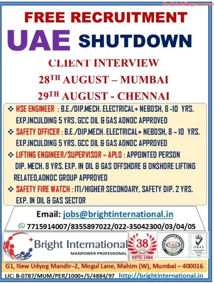 UAE Shutdown Project Jobs | Job openings for HSE Engineers, Safety Officers, and more for a UAE Shutdown project with interviews in Mumbai and Chennai in August 2024.