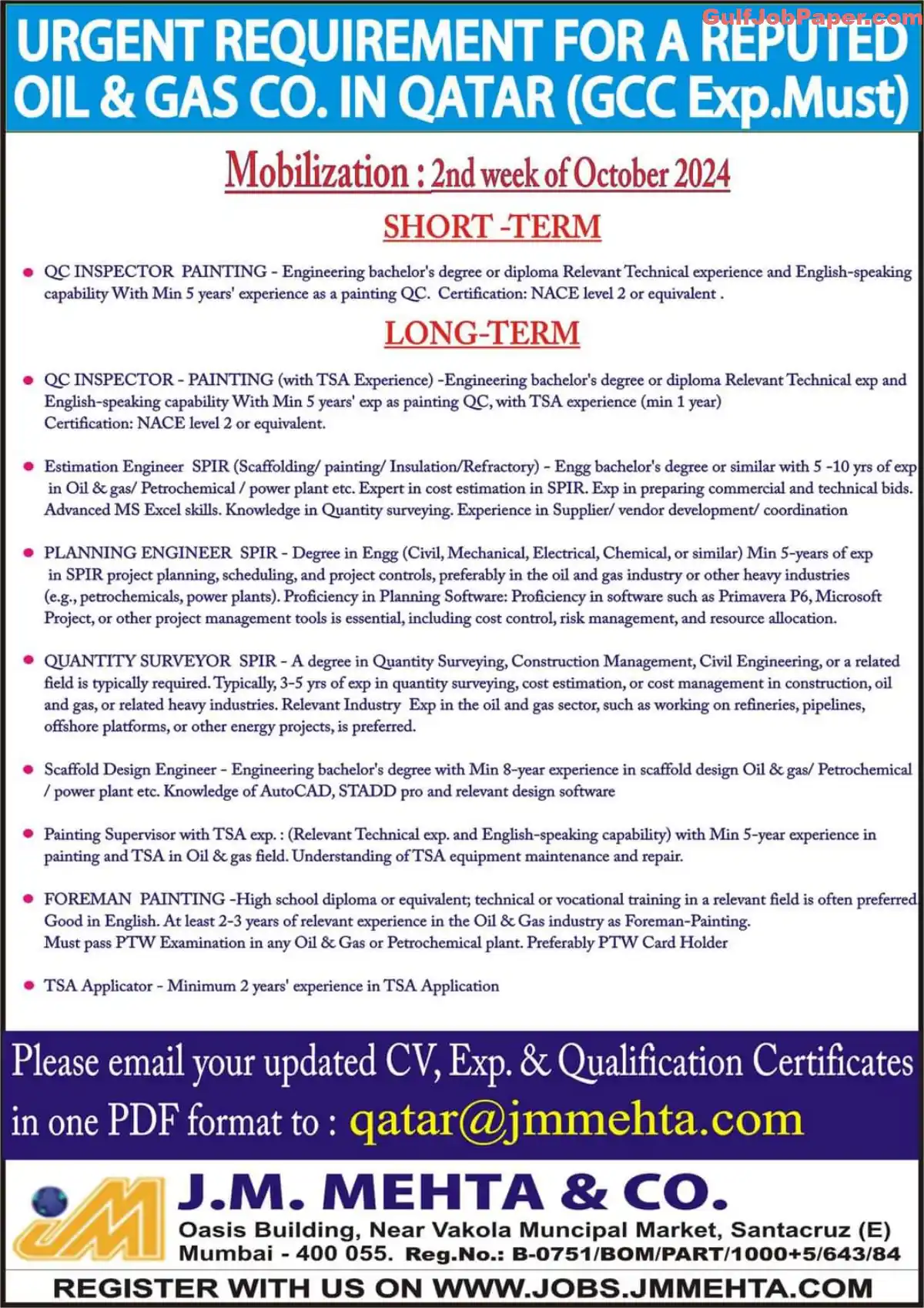 Urgent Recruitment for Oil & Gas Projects in Qatar Job | QC Inspectors, Engineers & More – Apply Now 2 Urgent recruitment for oil and gas projects in Qatar Job – QC Inspector, Engineer, Supervisor, and more