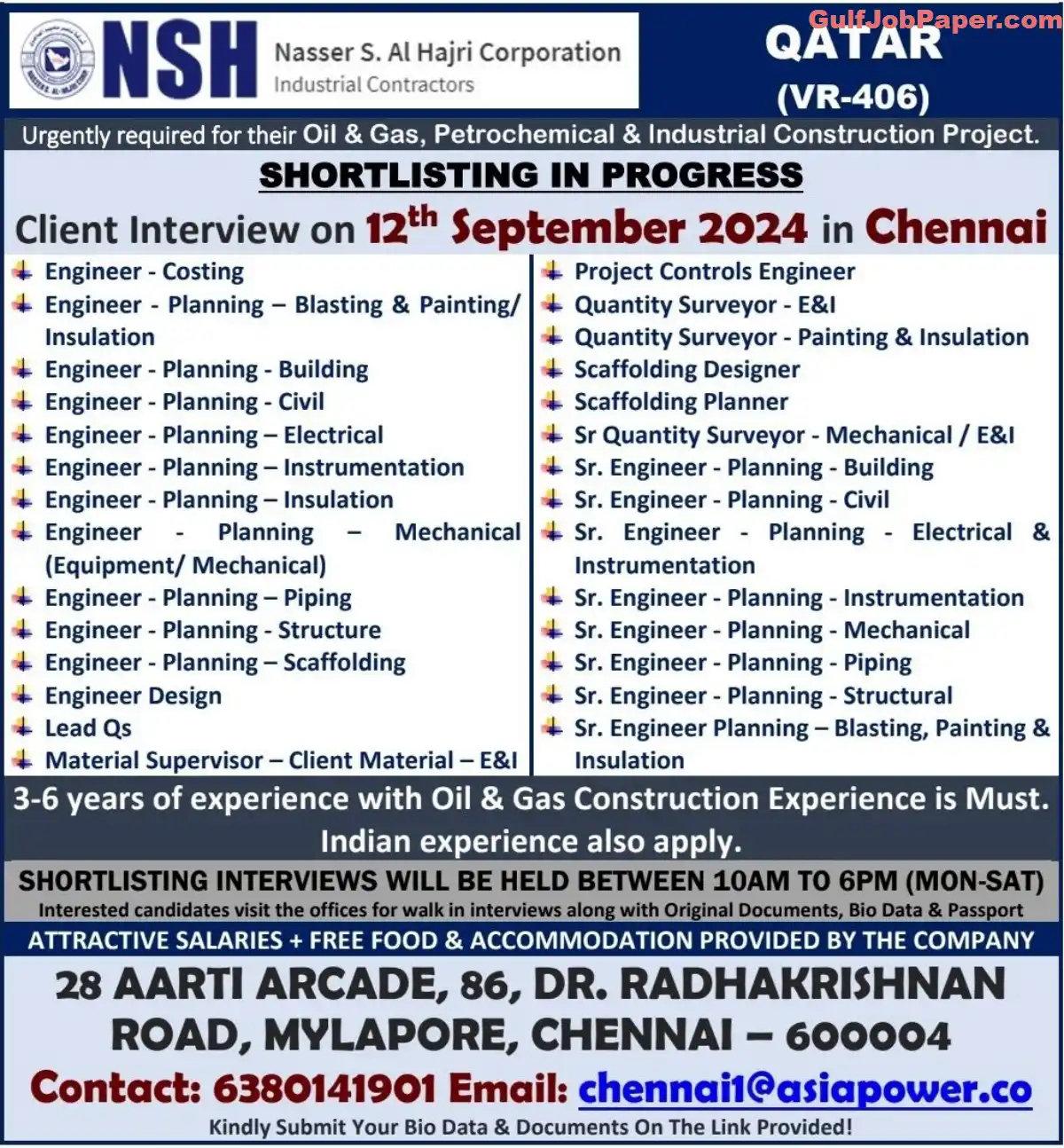 Jobs in Qatar | Urgent Recruitment for Oil & Gas, Petrochemical & Industrial Construction Projects in Qatar | Shortlisting in Progress | Interview in Chennai on 12th September 2024 2 Jobs in Qatar | Job openings for engineers and supervisors in Qatar Oil & Gas Construction projects – Interview in Chennai