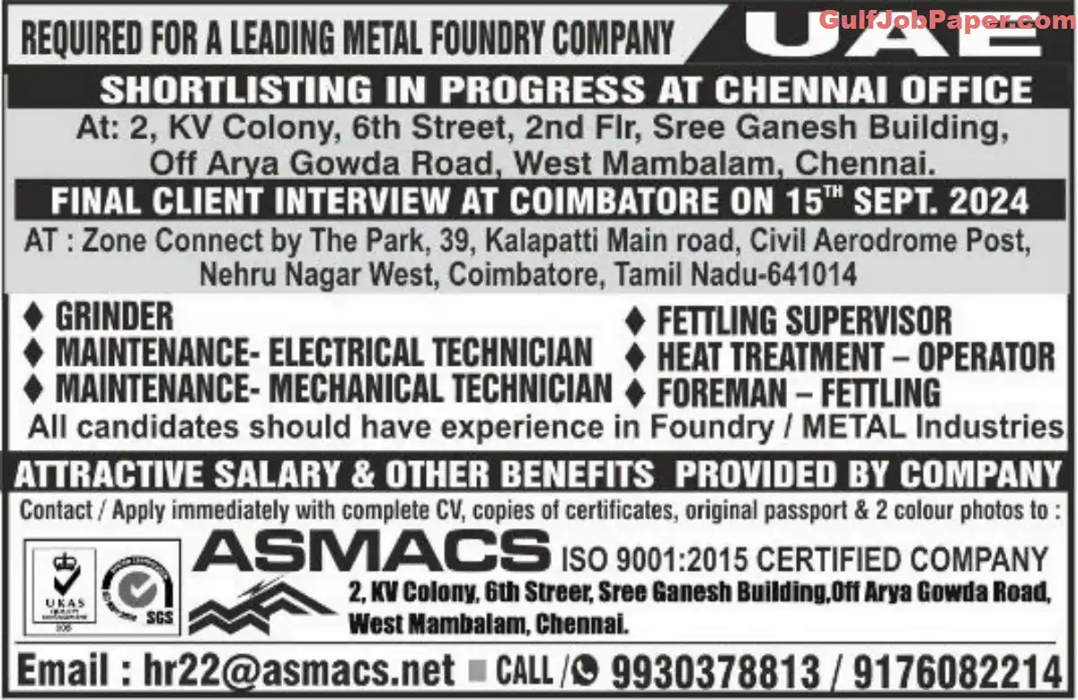 Urgent Hiring for Metal Foundry Jobs in UAE – Grinder, Electrical & Mechanical Technicians, Foreman & More – Apply Now 2 Metal Foundry Jobs in UAE | Urgent metal foundry jobs in UAE for Grinder, Maintenance Technician, and more