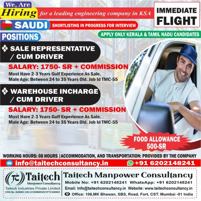 Hiring for Sales Representative and Warehouse Incharge