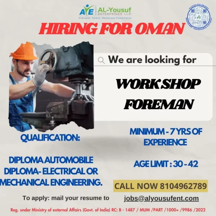 Hiring for Workshop Foreman