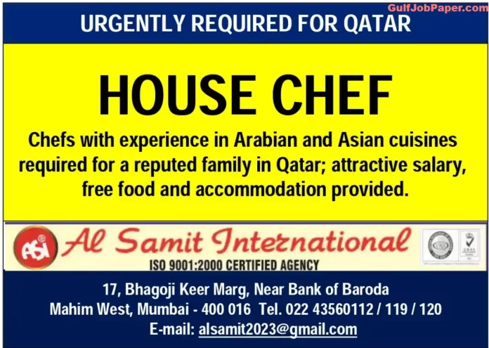 Hiring for House Chef in Qatar