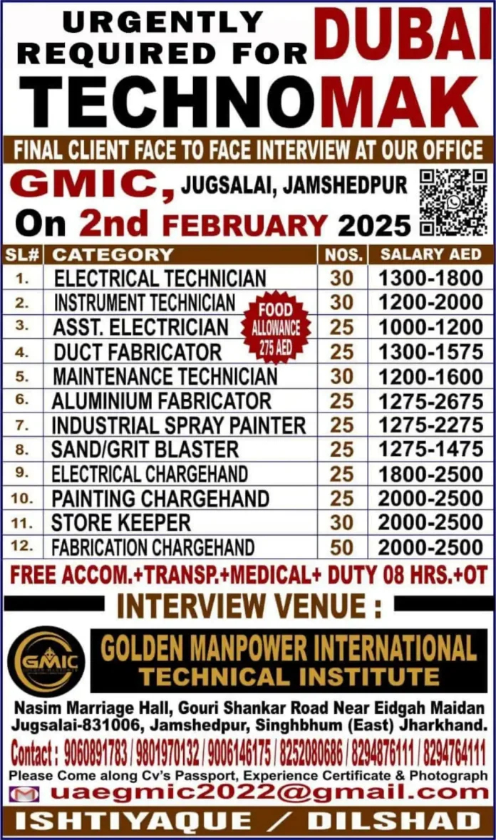 Hiring for Technomak Dubai
