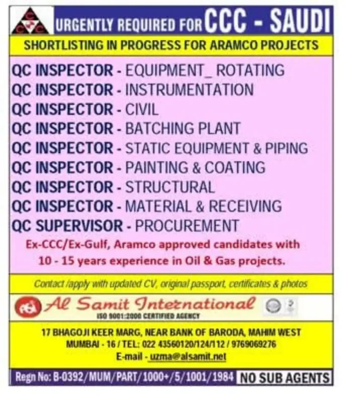 QC Inspector Jobs in Saudi Arabia
