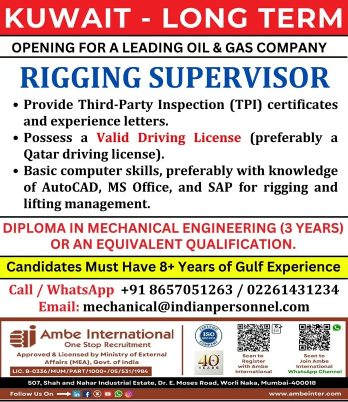 Kuwait Rigging Supervisor Vacancy