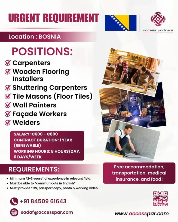 Carpentry Jobs in Bosnia for Indians