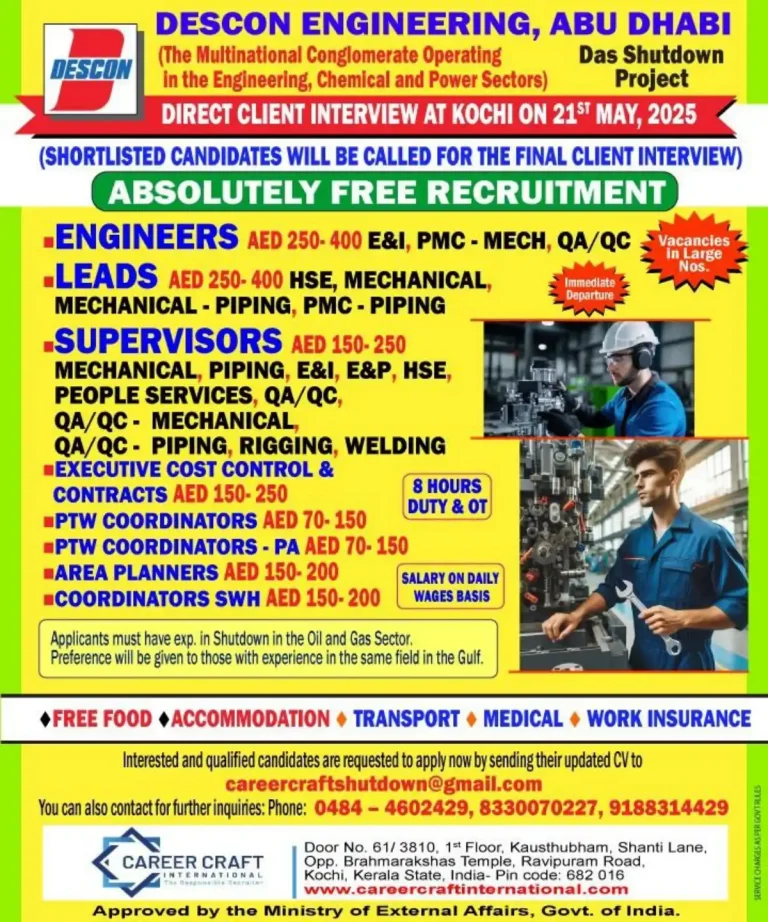 Descon Engineering Abu Dhabi Jobs | Hiring for Shutdown Project – Direct Client Interview in Kochi on 21st May 2025