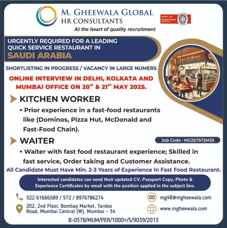 Urgent Hiring for Fast Food Restaurant Jobs Saudi Arabia – Online Interviews in Delhi, Kolkata and Mumbai