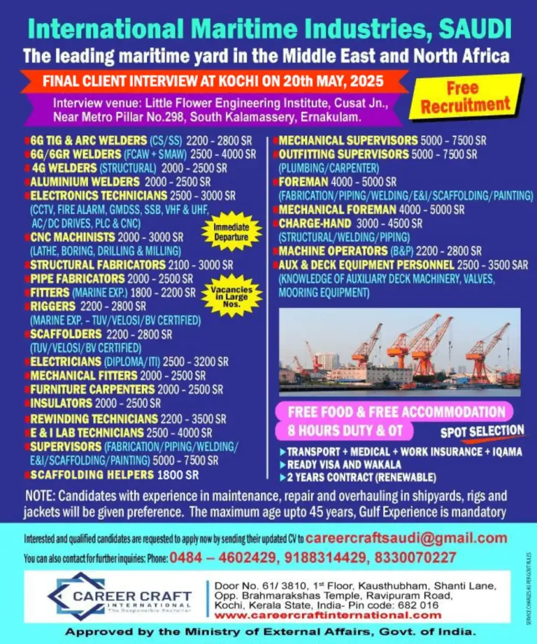 International Maritime Industries Saudi Jobs 2025 – Final Client Interview in Kochi on 20th May