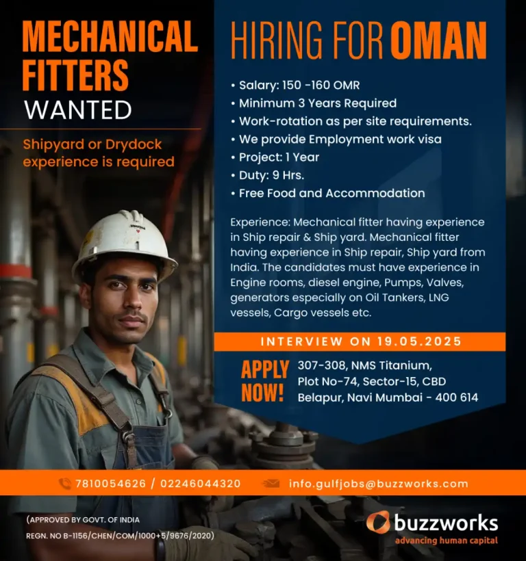 Mechanical Fitters Jobs in Oman | Mechanical Fitters Wanted for Oman Shipyard – Interview in Navi Mumbai on 19th May 2025