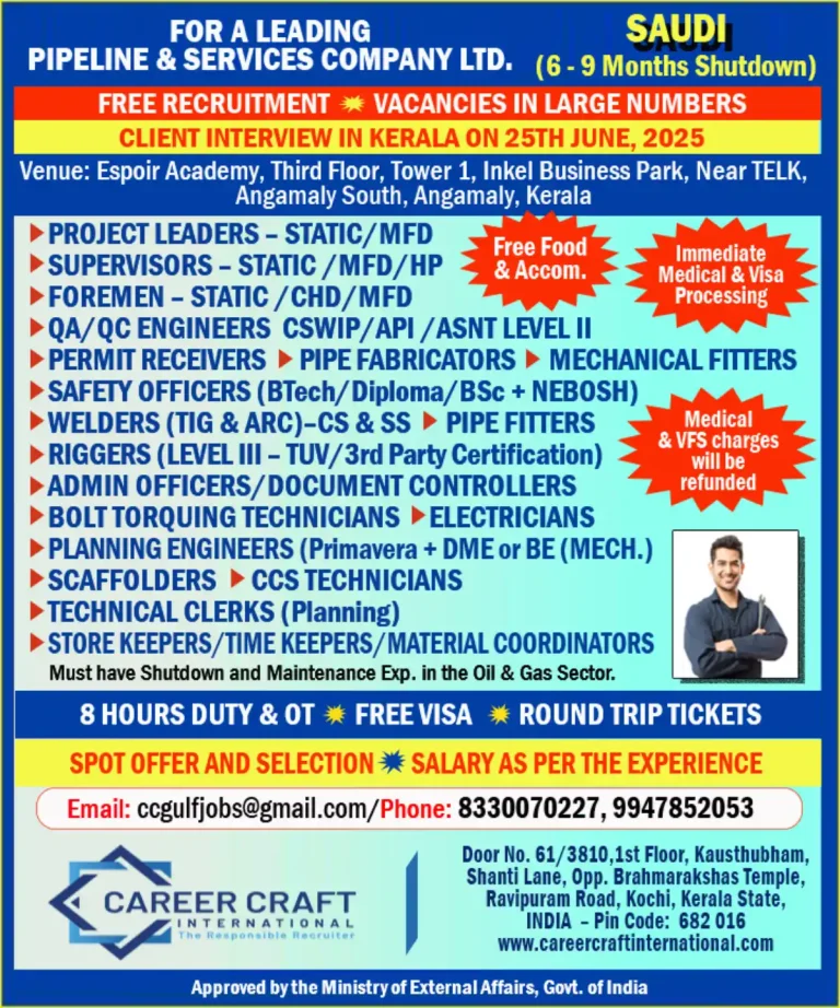 Urgent Saudi Shutdown Jobs – Oil & Gas Professionals Needed | Kerala Interview on 25 June 2025