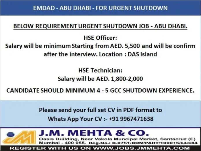 Urgent Shutdown Job Recruitment in Abu Dhabi