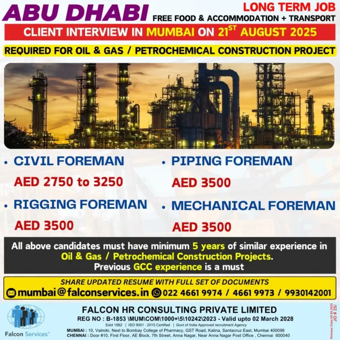 Oil & Gas Foreman Jobs in Abu Dhabi with Falcon Services