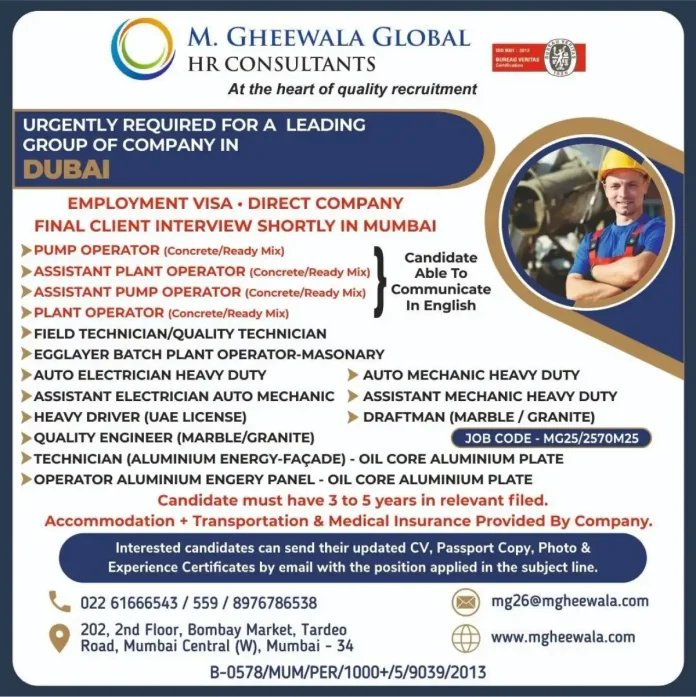 Dubai construction job recruitment drive by M. Gheewala Global HR Consultants
