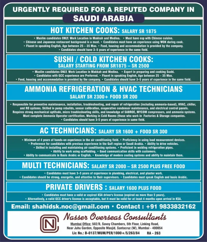 Job Opportunities in Saudi Arabia for Cooks and Technicians