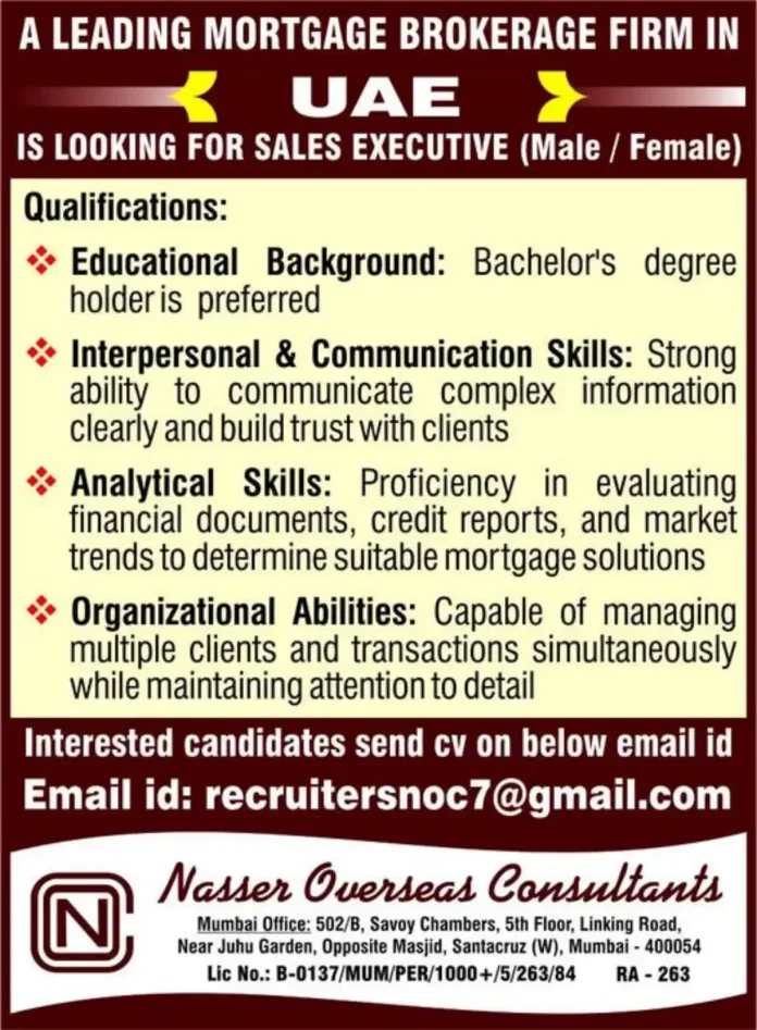 Mortgage Sales Executive Career Opportunity in UAE