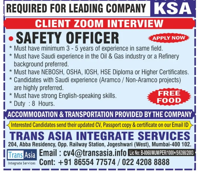 Safety Officer working at Oil & Gas facility in Saudi Arabia
