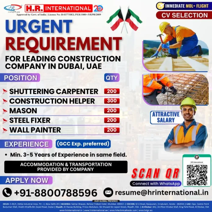 Construction workers job opportunities in Dubai with immediate flight