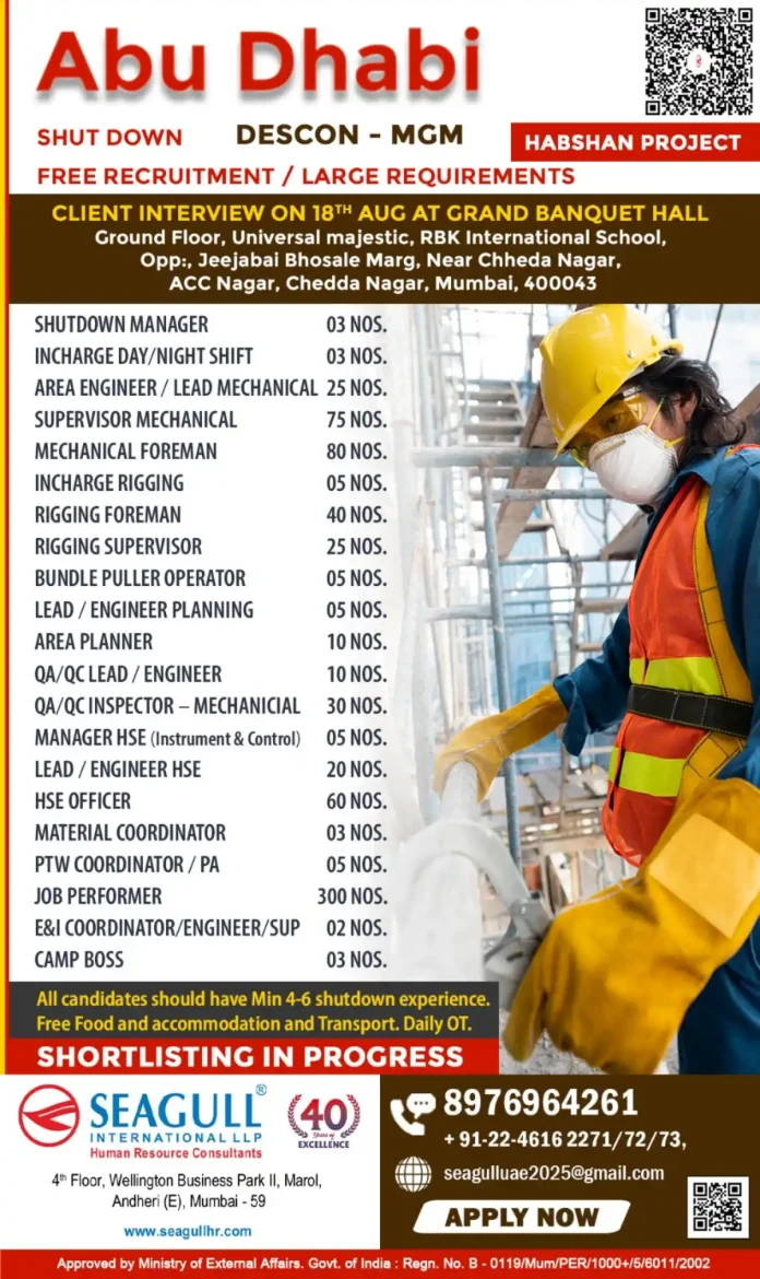 Recruitment for shutdown jobs at Descon-MGM Habshan Project Abu Dhabi