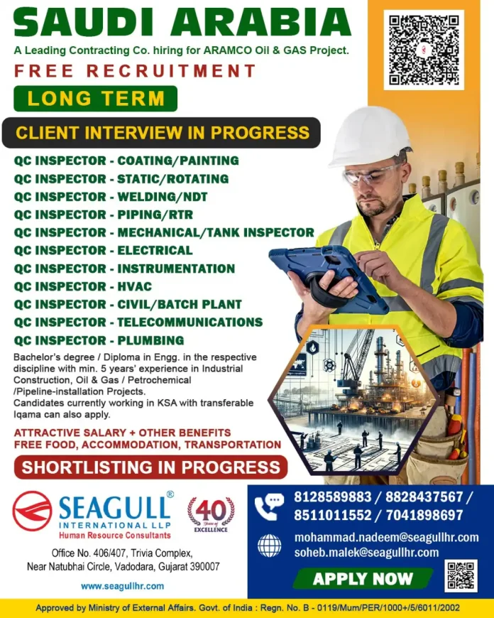 QC Inspector positions for ARAMCO Oil & Gas Project in Saudi Arabia